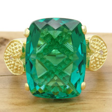 Anel com 2 Diamantes e Cristal de Turmalina Paraíba, em Prata 925 Folheado a Ouro Amarelo 18 Kilates