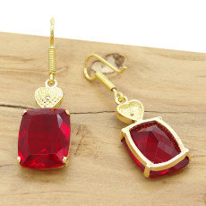 Par de Brincos com Diamante e Cristal Quartzo Rubí, em Prata 925 Folheado a Ouro