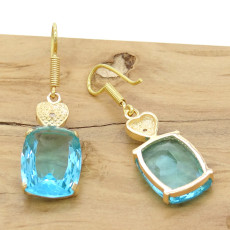 Par de Brincos com Diamante e Cristal Topázio Claro, em Prata 925 Folheado a Ouro