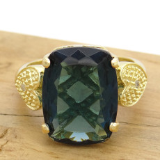 Anel Retangular com London Blue e 2 Diamantes, em Prata 925 Folheado a Ouro