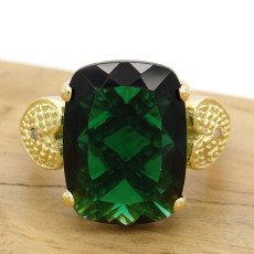 Anel com Diamantes e Cristal Blue Green, em Prata 925 Folheado a Ouro