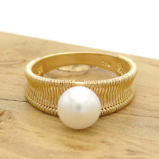 Anel Aramado com Pérola Natural de 7 mm, em Ouro Amarelo 18 Kilates