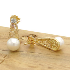 Par de Brincos Aramado com 2 Pérolas Naturais de 7 mm, em Ouro Amarelo 18 Kilates