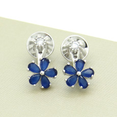 Par de Brincos Ear Jacket com Cristais Safira e Zircônias, em Prata 925 com Banho de Ródio