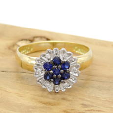 Anel Chuveiro com Safiras e Diamantes, em Ouro Amarelo 18 Kilates