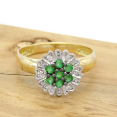 Anel Chuveiro com Esmeraldas e Diamantes, em Ouro Amarelo 18 Kilates
