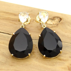 Par de Brincos com Ônix e Cristal, em Ouro Amarelo 18 Kilates