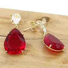 Par de Brincos com Quartzo Rubi e Cristal de Rocha, em Ouro Amarelo 18 Kilates