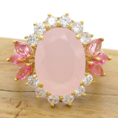Anel com Quartzo Rosa, Rose de France e Zircônias, em Prata 925 Folheado a Ouro