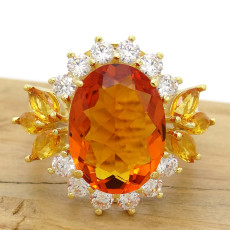 Anel com Citrino, Cristais Citrino e Zircônias, em Prata 925 Folheado a Ouro