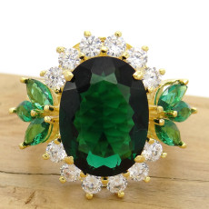 Anel com Blue Green e Zircônias, em Prata 925 Folheado a Ouro