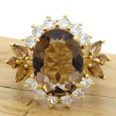 Anel com Quartzo Fume e Zircônias, em Prata 925 Folheado a Ouro