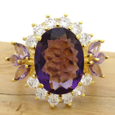 Anel com Ametistas e Zircônias, em Prata 925 Folheado a Ouro