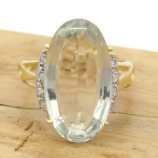 Anel com Cristal de Água Marinha  e 8 Diamantes, em Ouro Amarelo 18 Kilates