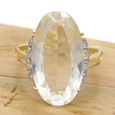 Anel com Cristal de Rocha e 8 Diamantes, em Ouro Amarelo 18 Kilates