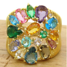 Anel Flor Aramado com Mix de Gemas Brasileiras, em Ouro Amarelo 18 Kilates