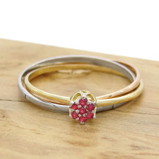 Anel Chuveiro, 3 Aros com 7 Rubis, em Ouro Amarelo, Branco e Rose 18 Kilates