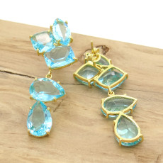 Par de Brincos com Sky Blue, em Ouro Amarelo 18 Kilates