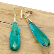 Par de Brincos com Cristal de Turmalina Paraíba Gota, em Ouro Amarelo 18 Kilates