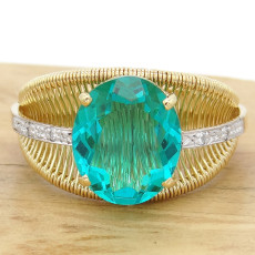 Anel Aramado com Cristal de Turmalina Paraíba e 4 Diamantes, em Ouro Amarelo 18 Kilates