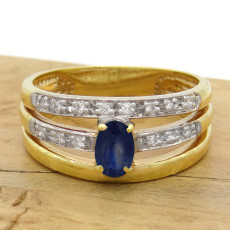 Meia Aliança 3 Aros com Safira e 14 Diamantes, em Ouro Amarelo 18 Kilates