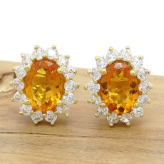 Par de Brincos Princess com 2 Citrinos e Zircônias, em Prata 925 Folheado a Ouro Amarelo 18 Kilates