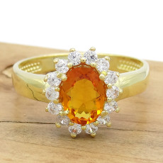 Anel Princess com Citrinos e Zircônias, em Prata 925 Folheado a Ouro Amarelo 18 Kilates