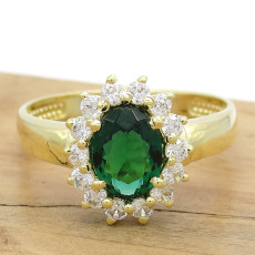 Anel Princess com Blue Green e Zircônias, em Prata 925 Folheado a Ouro Amarelo 18 Kilates