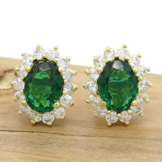 Par de Brincos Princess com 2 Blue Green e Zircônias, em Prata 925 Folheado a Ouro Amarelo 18 Kilates