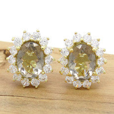 Par de Brincos Princess com 2 Quartzo Fumê e Zircônias, em Prata 925 Folheado a Ouro Amarelo 18 Kilates