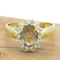 Anel Princess com Quartzo Fumê e Zircônias, em Prata 925 Folheado a Ouro Amarelo 18 Kilates