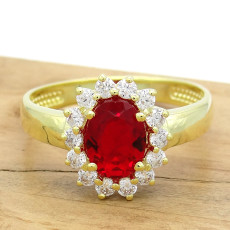 Anel Princess com Quartzo Rubi e Zircônias, em Prata 925 Folheado a Ouro Amarelo 18 Kilates