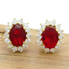 Par de Brincos Princess com 2 Quartzo Rubi e Zircônias, em Prata 925 Folheado a Ouro Amarelo 18 Kilates