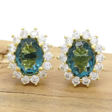 Par de Brincos Princess com 2 Quartzo Azul  e Zircônias, em Prata 925 Folheado a Ouro Amarelo 18 Kilates