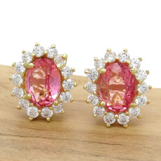 Par de Brincos Princess com 2 Cristais de Turmalina Rosa  e Zircônias, em Prata 925 Folheado a Ouro Amarelo 18 Kilates