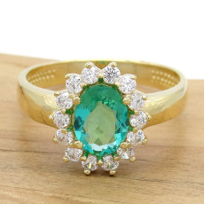 Anel Princess com Cristal de Turmalina Paraíba e Zircônias, em Prata 925 Folheado a Ouro Amarelo 18 Kilates