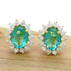 Par de Brincos Princess com 2 Cristais de Turmalina Paraíba e Zircônias, em Prata 925 Folheado a Ouro Amarelo 18 Kilates