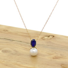 Pingente Pérola com Safira, em Ouro Amarelo 18 Kilates