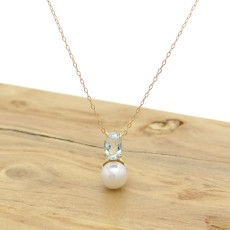 Pingente Pérola com Água Marinha, em Ouro Amarelo 18 Kilates