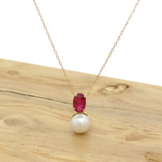 Pingente Pérola com Rubi, em Ouro Amarelo 18 Kilates