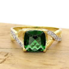 Anel Quadrado com Blue Green e 10 Diamantes, em Ouro Amarelo 18 Kilates