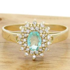 Anel com Turmalina Paraíba Natural e 28 Diamantes, em Ouro Amarelo 18 Kilates