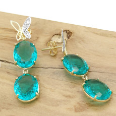 Par de Brincos Borboletas com 4 diamantes e Cristais de Turmalina Paraíba, em Ouro Amarelo 18 Kilates