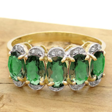 Meia Aliança com 5 Blue Green e 10 Diamantes, em Ouro Amarelo 18 Kilates