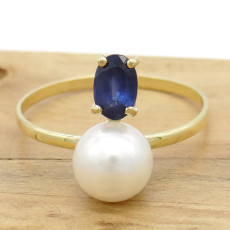 Anel Pérola 6 mm com Safira, em Ouro Amarelo 18 Kilates