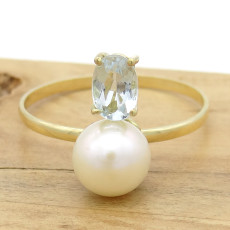 Anel Pérola 6 mm com Água Marinha, em Ouro Amarelo 18 Kilates