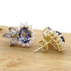 Par de Brincos com Cristas de Tanzanita e Zircônias, em Prata 925 Folheado a Ouro Amarelo 18 Kilates
