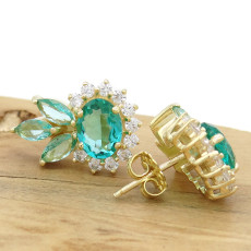 Par de Brincos com Cristais de Turmalina Paraíba e Zircônias, em Prata 925 Folheado a Ouro Amarelo 18 Kilates