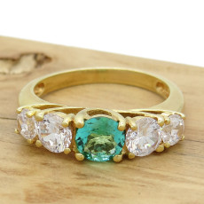 Anel com Cristal de Turmalina Paraíba e Zircônias, em Prata 925 Folheado a Ouro Amarelo 18 Kilates