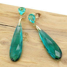 Par de Brincos com Cristal de Turmalina Paraíba Gota, em Ouro Amarelo 18 Kilates